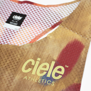 close up of the printed logo detail of the ciele athletics lightweight, race ready and performance driven singlet named RDSinglet in sphinx color