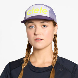 front view of the ciele athletics GOCap unisex running hat in misty lilac color, on a model