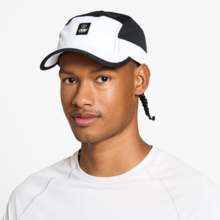 front view of the ciele athletics GOCap unisex running hat with a curved brim in trooper color, on a model