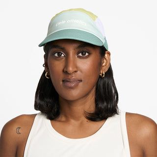 front view of ciele athletics GOCap SC Field Loopy unisex running hat in dusty turquoise color on a model