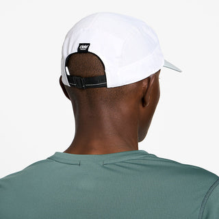 back view of ciele athletics GOCap Comp C cube unisex running hat in white color on a model