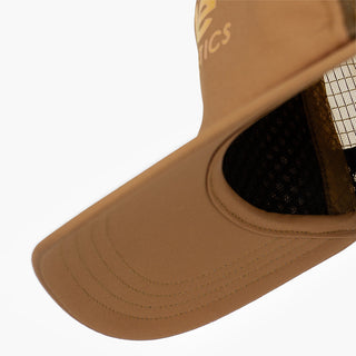 underbrim view of the ciele athletics TRLCap unisex running hat with curved brim in dark ochre color