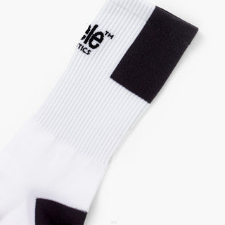 elastic of white sock with black patch on a white background