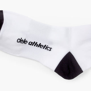 white sock with black accents and 'ciele athletics' branding on a white background