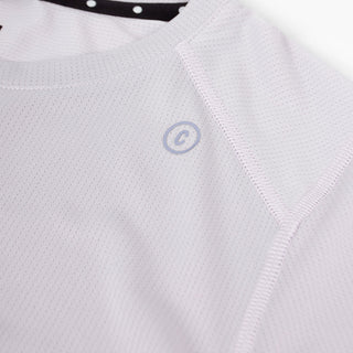 close view of c logo on the ciele athletics FSTTShirt lightweight and performance driven T-Shirt in misty lilac